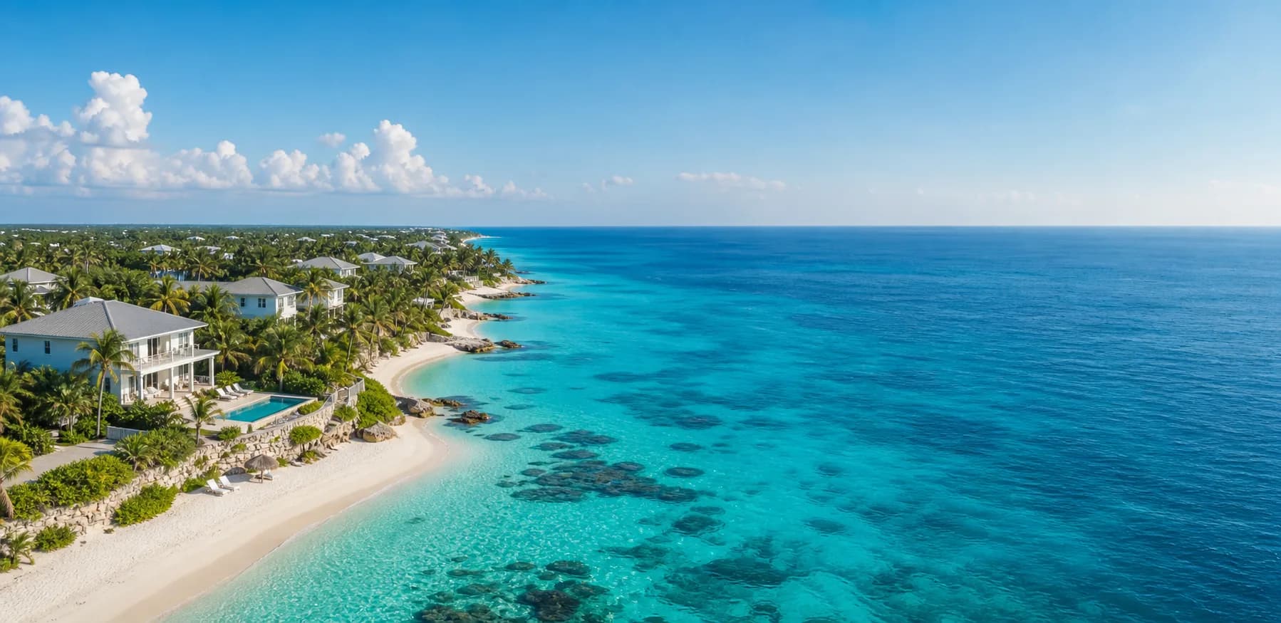 Aerial Grand Cayman coastline with luxury homes and turquoise water