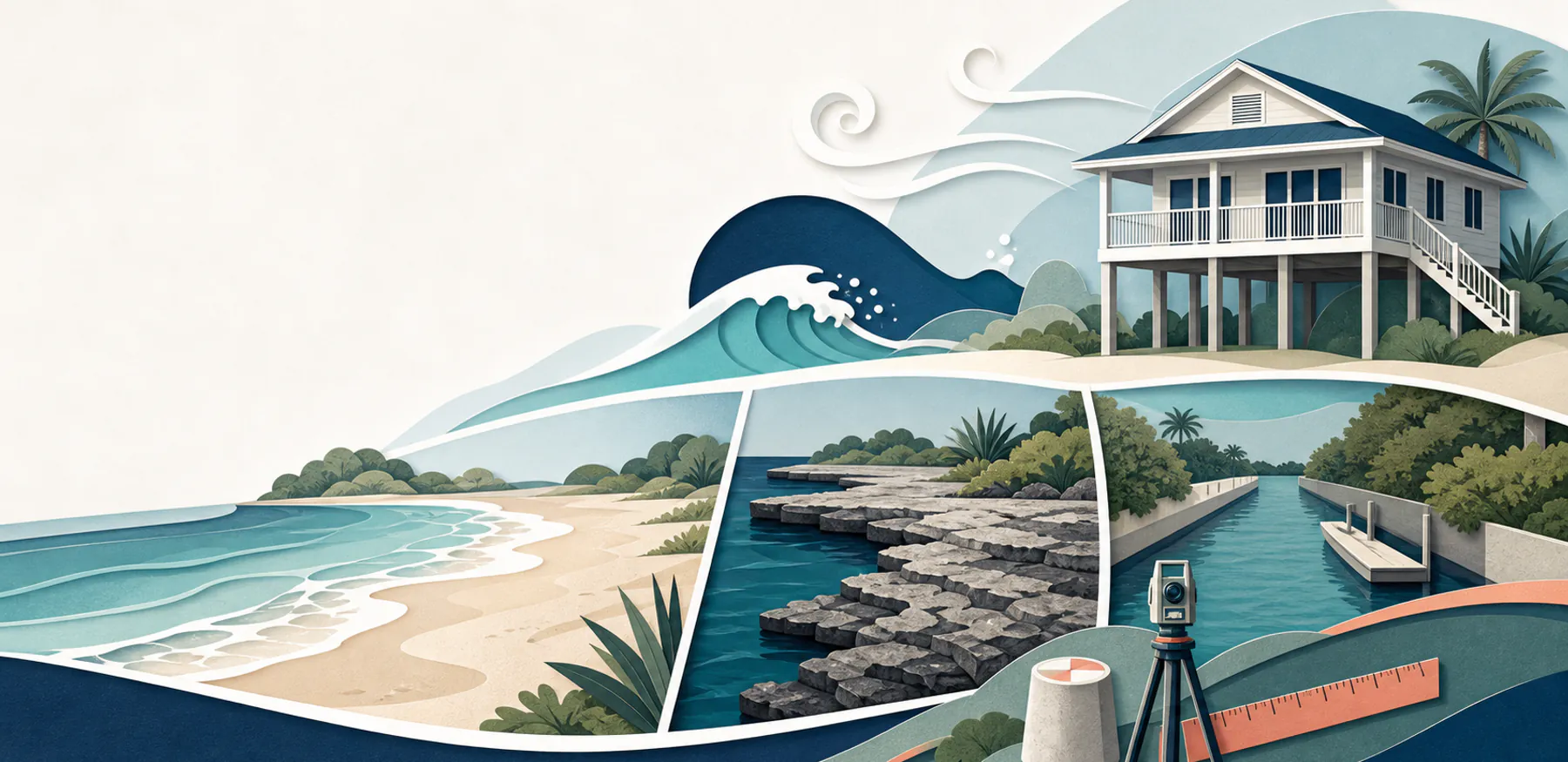 Editorial illustration comparing generic sandy, ironshore, and canal shoreline settings