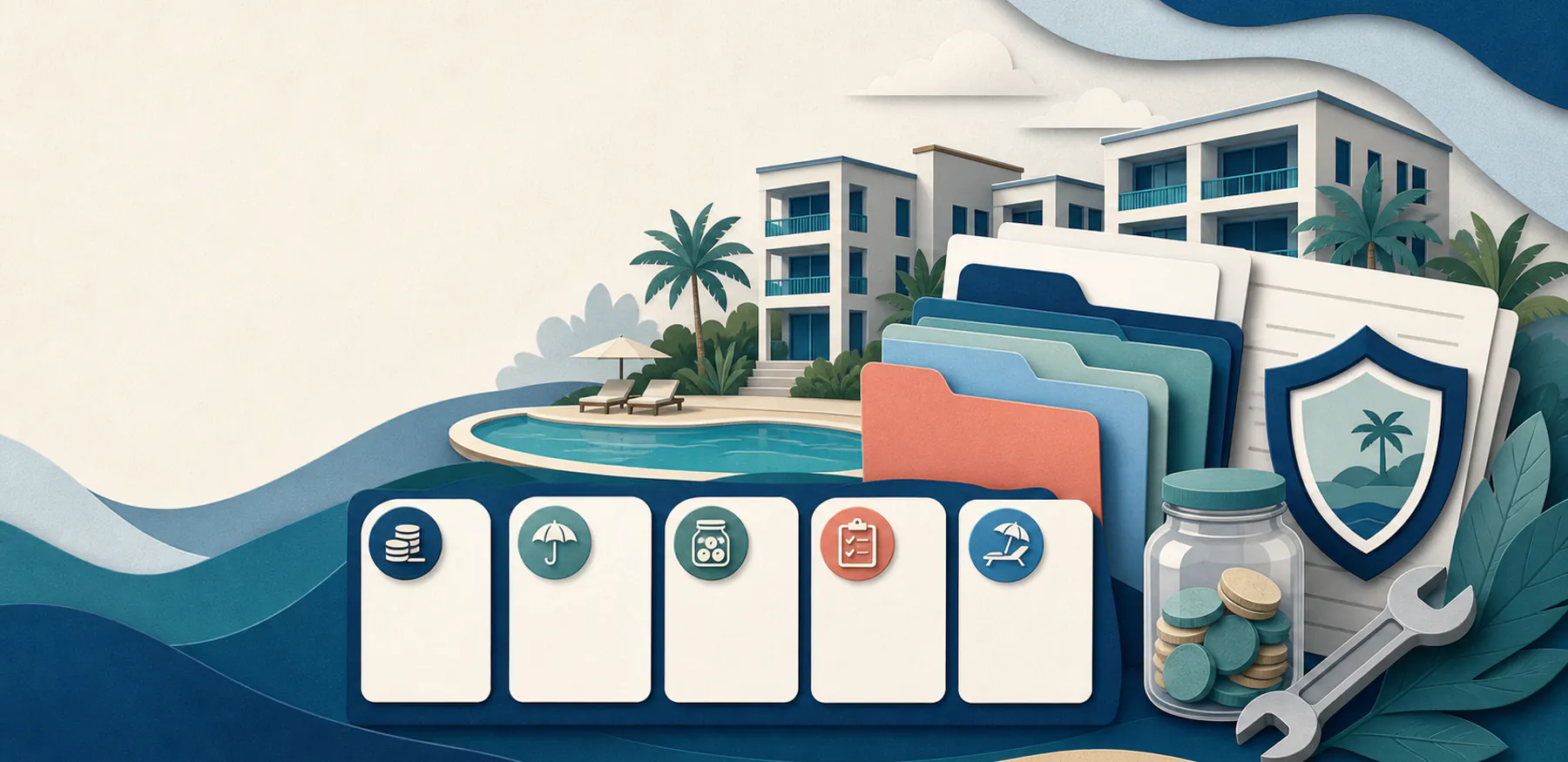 Editorial illustration of generic condominiums, strata documents, insurance, and reserves