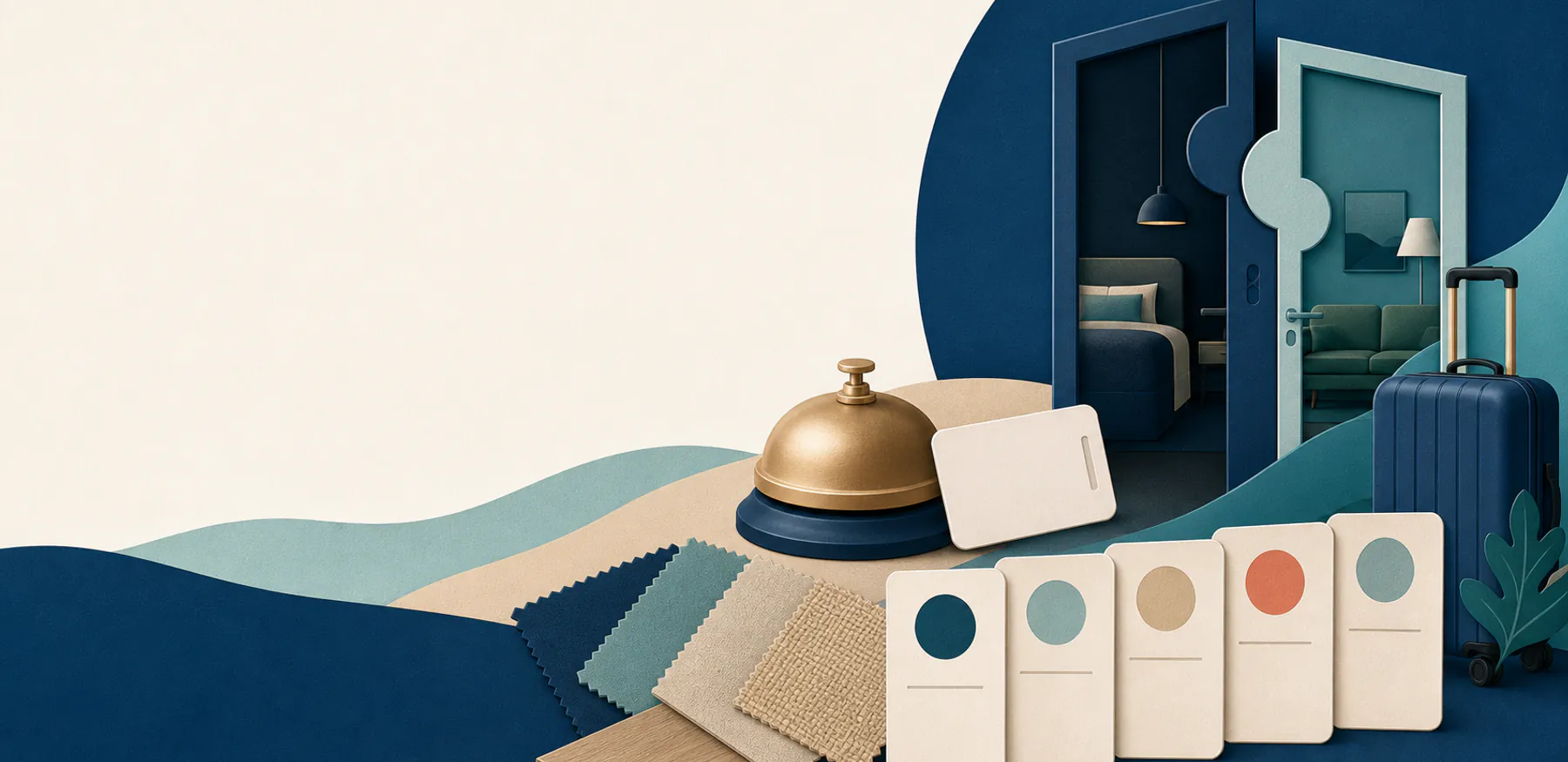 Editorial illustration of generic hotel-residence rooms, services, furnishings, and owner-use materials
