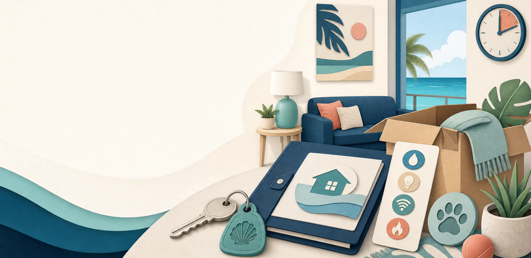 Editorial illustration of a generic rental apartment, keys, utilities, and moving box