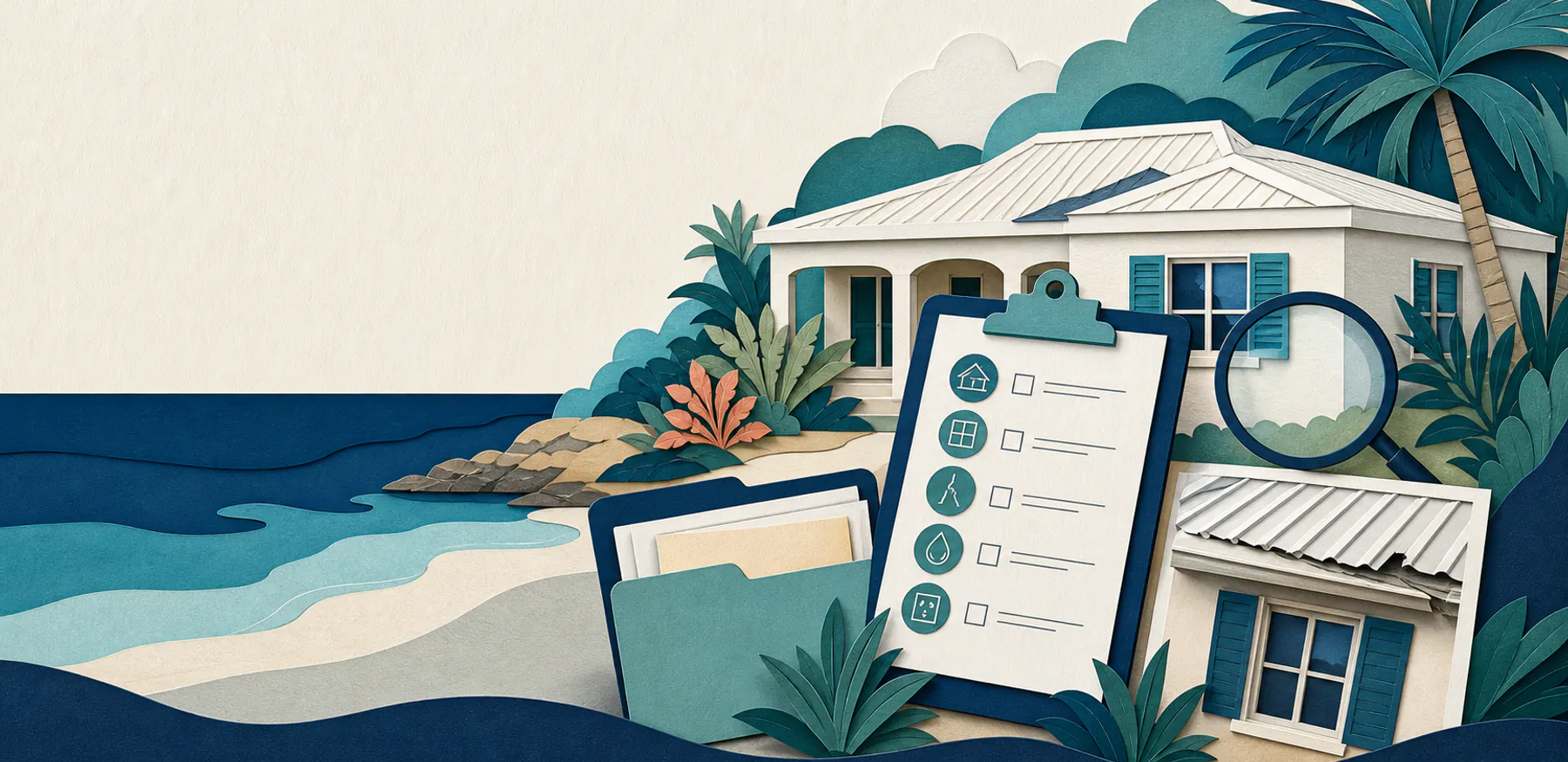 Editorial illustration of a generic home, inspection checklist, and magnifier