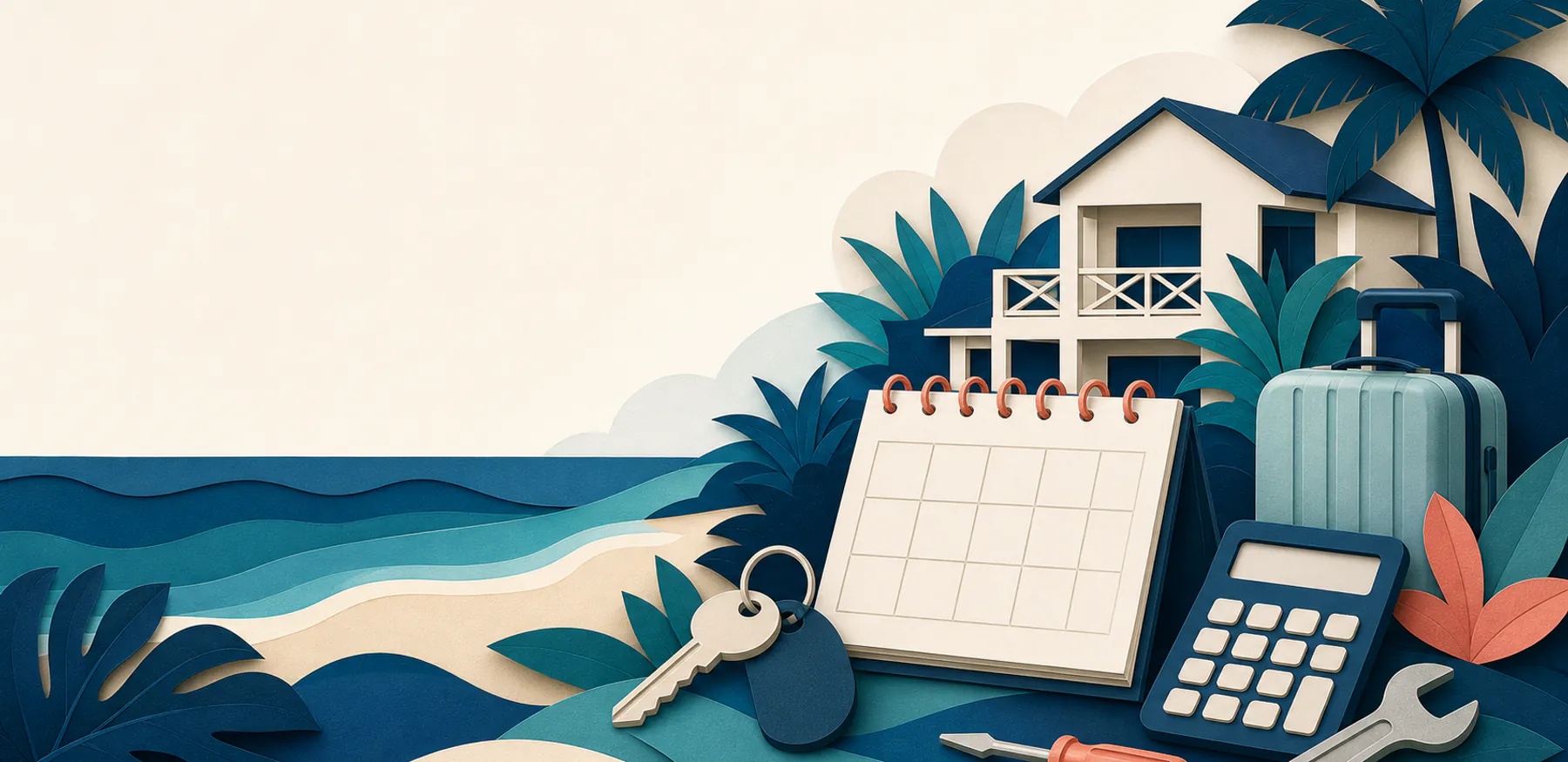 Editorial illustration of a generic vacation home, blank calendar, keys, and operating-cost tools
