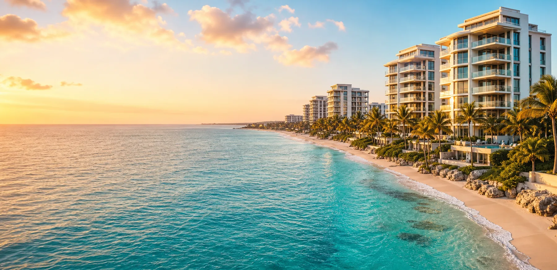 Modern beachfront Cayman condominium towers beside turquoise water