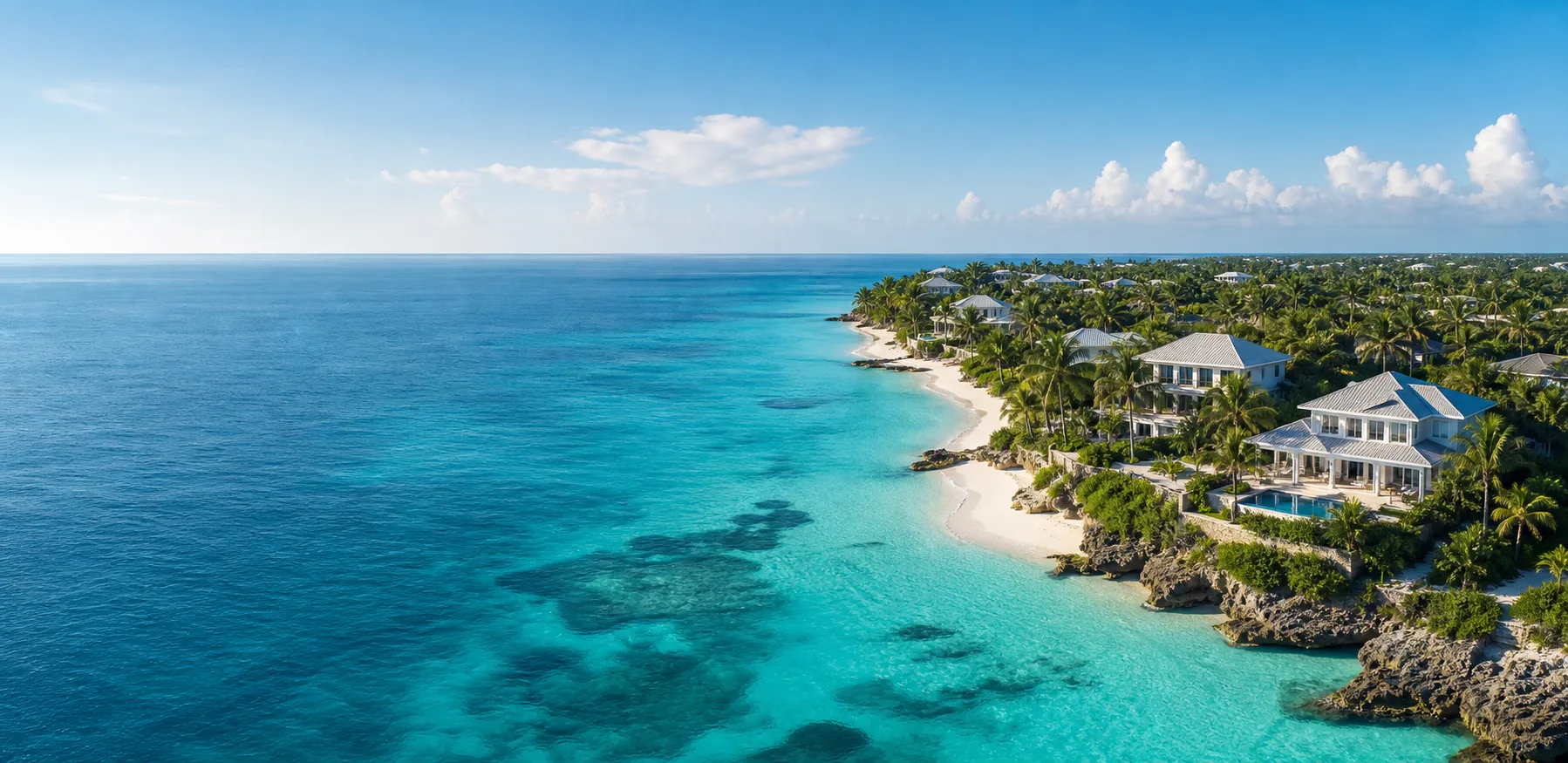 Grand Cayman coastline with turquoise water, white sand, palms, and luxury homes